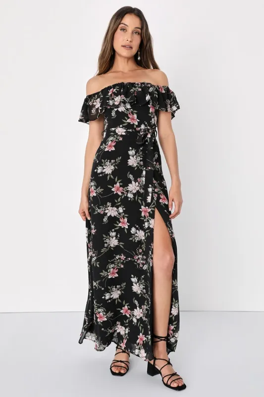Amazing Moment Black Floral Print Off-the-Shoulder Dress sold by Lulus
