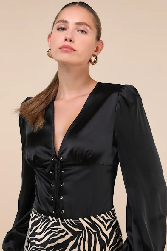 Unique Composure Black Satin Balloon Sleeve Lace-Up Bodysuit sold by Lulus