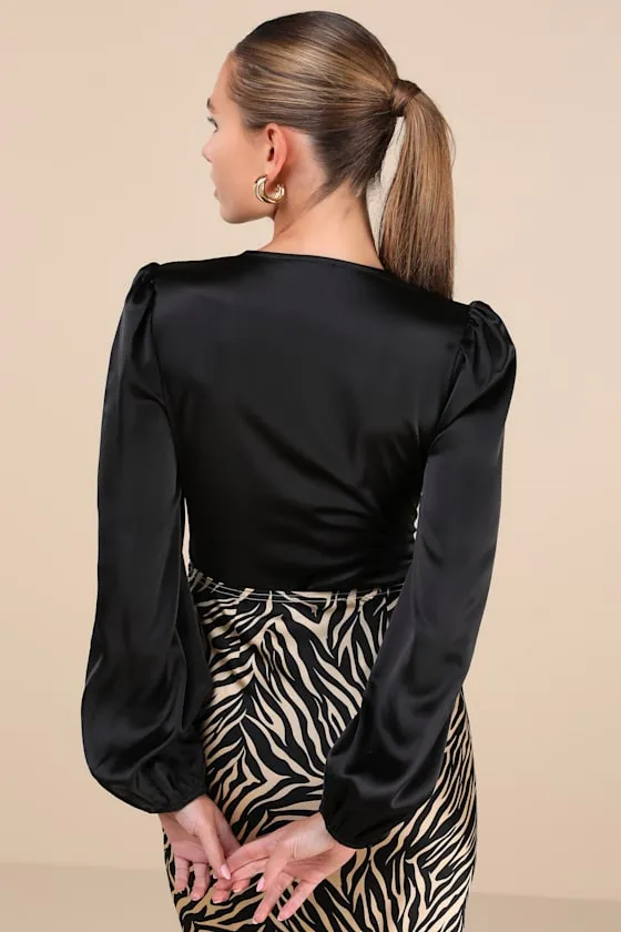 Unique Composure Black Satin Balloon Sleeve Lace-Up Bodysuit sold by Lulus product image thumbnail 2