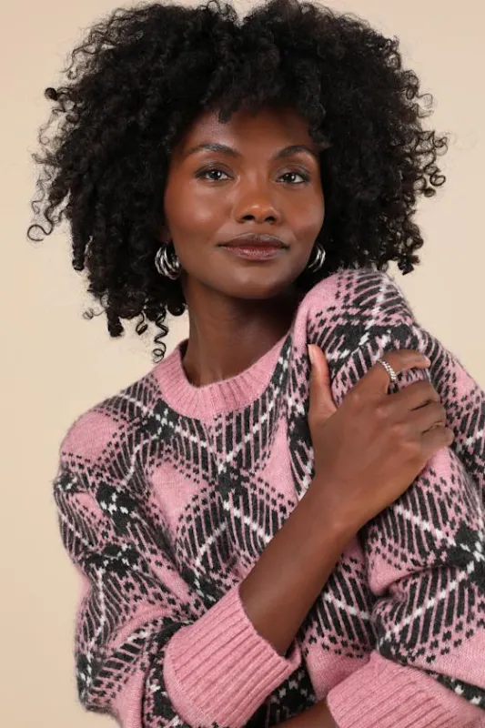 Becka Pink and Black Plaid Long Sleeve Pullover Sweater sold by Lulus