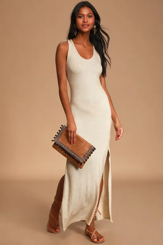 Relaxed but Not Least Beige Ribbed Sleeveless Maxi Dress sold by Lulus