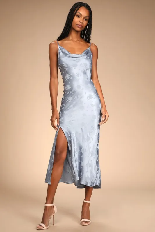 All About You Slate Blue Floral Jacquard Satin Midi Dress sold by Lulus
