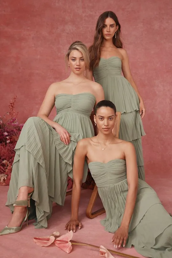 Seriously Sensational Sage Brush Strapless Tiered Maxi Dress sold by Lulus