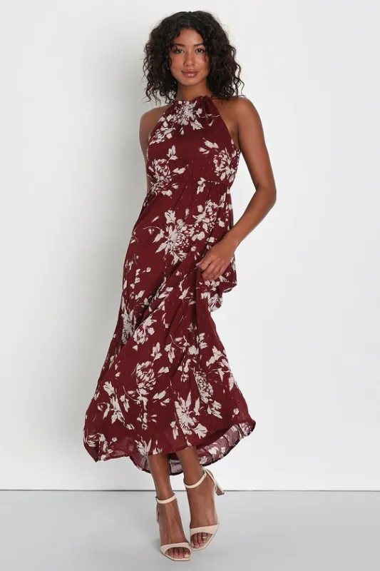 Instinctive Impression Wine Red Floral Print Clip Dot Maxi Dress sold by Lulus