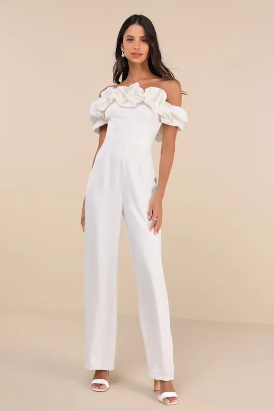 Immense Glamour White Satin Ruffled Off-the-Shoulder Jumpsuit sold by Lulus