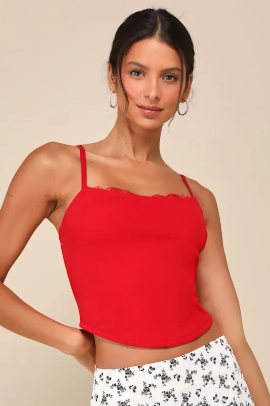 Spaghetti Strap Layered Ruffle Cami Crop Top Red | Parallel