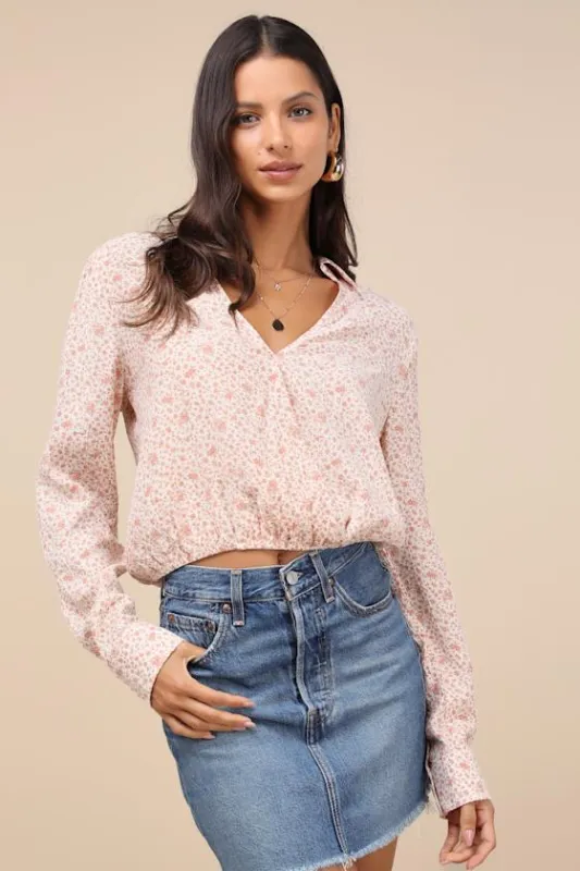 Convincingly Darling Ivory Floral Collared Long Sleeve Top sold by Lulus