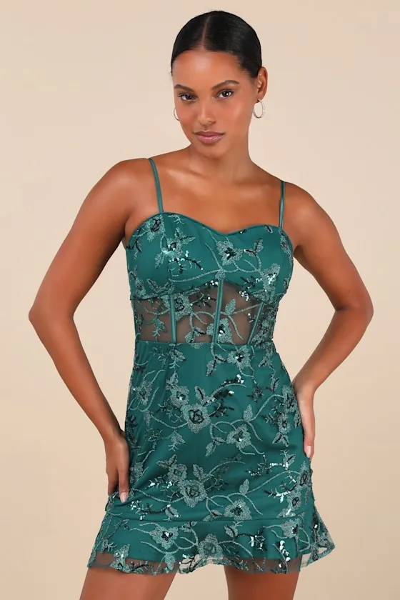 Glittering Delight Emerald Mesh Sequin Embroidered Mini Dress sold by Lulus