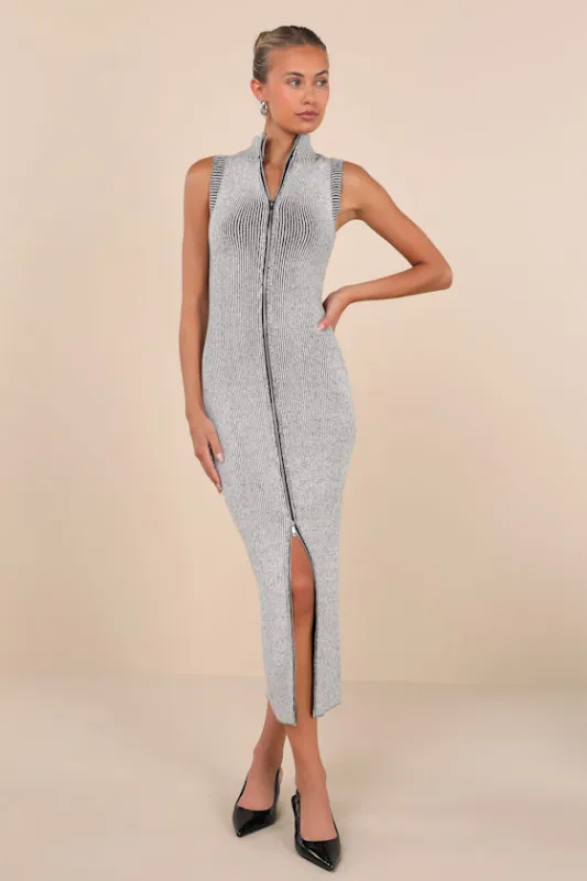 Confident Moves Light Grey Marled Zip-Front Midi Sweater Dress sold by Lulus