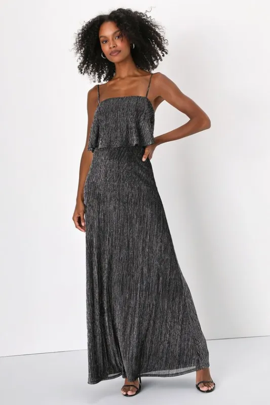 Elegant Shimmer Shiny Black and Silver Plisse Maxi Dress sold by Lulus