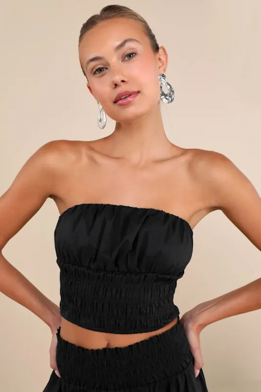 Modern Sweetheart Black Smocked Strapless Crop Top sold by Lulus