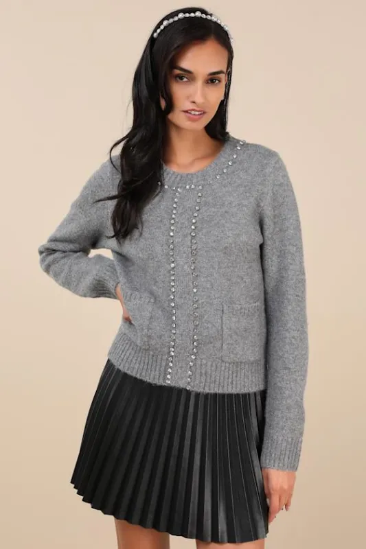 Sparkling Appeal Heather Grey Rhinestone Sweater sold by Lulus
