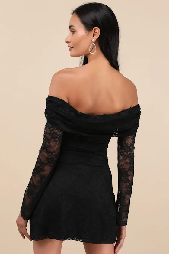 Ava Black Lace Off-the-Shoulder Long Sleeve Mini Dress sold by Lulus product image thumbnail 3