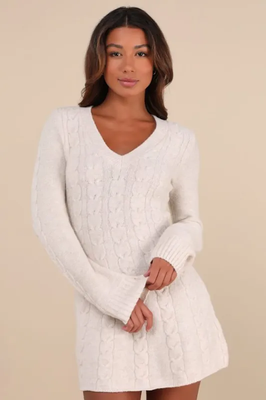 Snuggly Chic Beige Cable Knit Long Sleeve Sweater Mini Dress sold by Lulus
