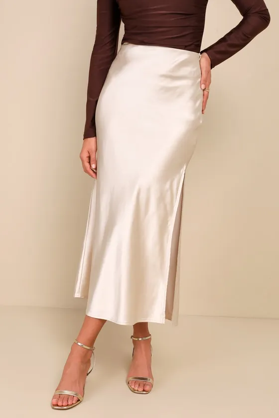 Chic Wishes Champagne Satin Midi Skirt sold by Lulus product image thumbnail 3