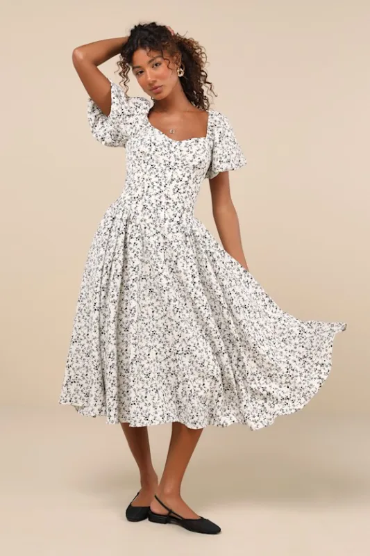 Sincerely Captivating Ivory Floral Puff Sleeve Midi Dress sold by Lulus