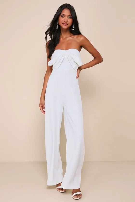 Gleaming Delight White Strapless Pearl Bow Wide-Leg Jumpsuit sold by Lulus