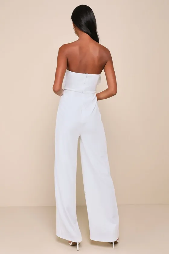 Gleaming Delight White Strapless Pearl Bow Wide-Leg Jumpsuit sold by Lulus product image thumbnail 2