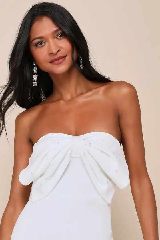 Gleaming Delight White Strapless Pearl Bow Wide-Leg Jumpsuit sold by Lulus product image thumbnail 3