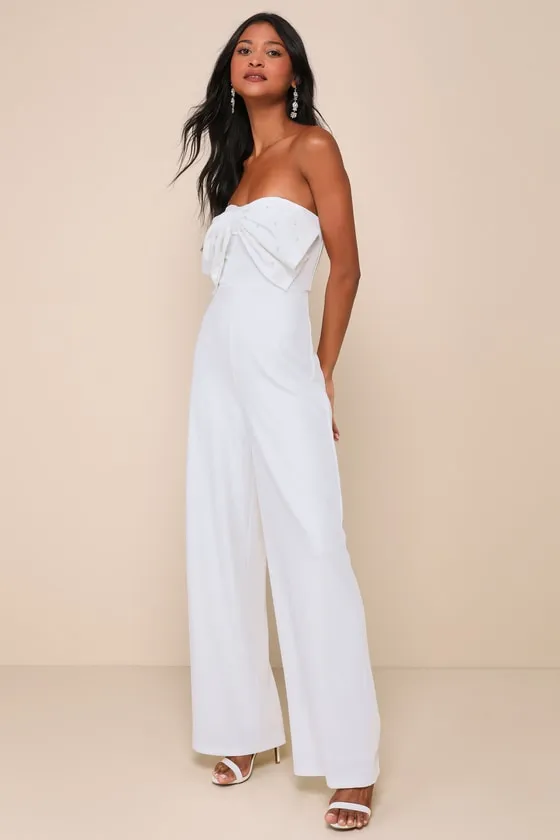 Gleaming Delight White Strapless Pearl Bow Wide-Leg Jumpsuit sold by Lulus product image thumbnail 4
