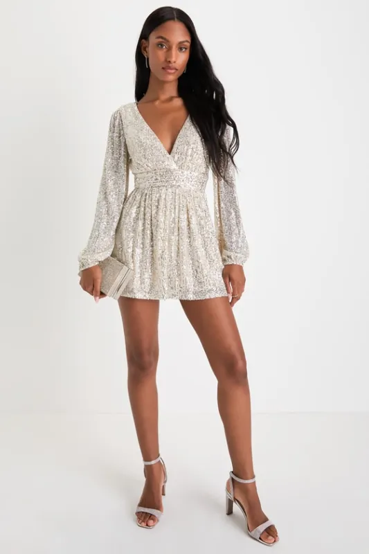 Watch Me Shine Champagne Sequin Plunge Long Sleeve Romper sold by Lulus