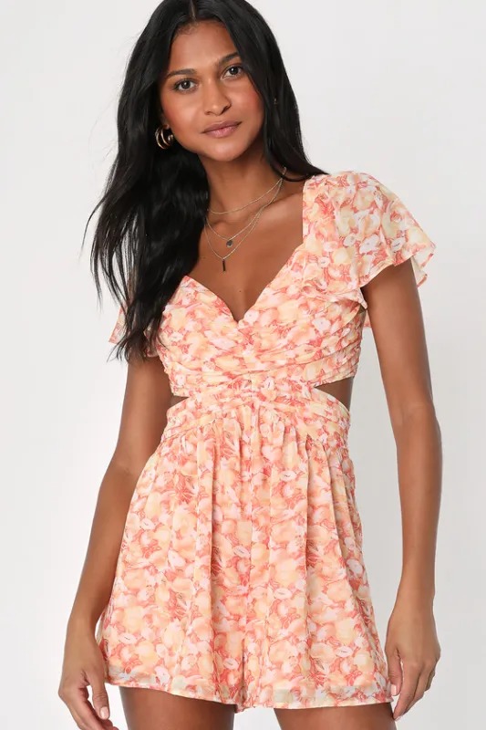 Always Flirtatious Orange Floral Print Lace-Up Backless Romper sold by Lulus