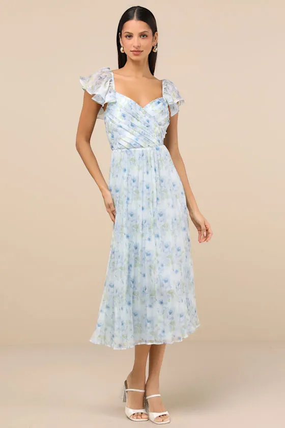 Gorgeous Presence Blue Floral Pleated Lace-Up Midi Dress sold by Lulus