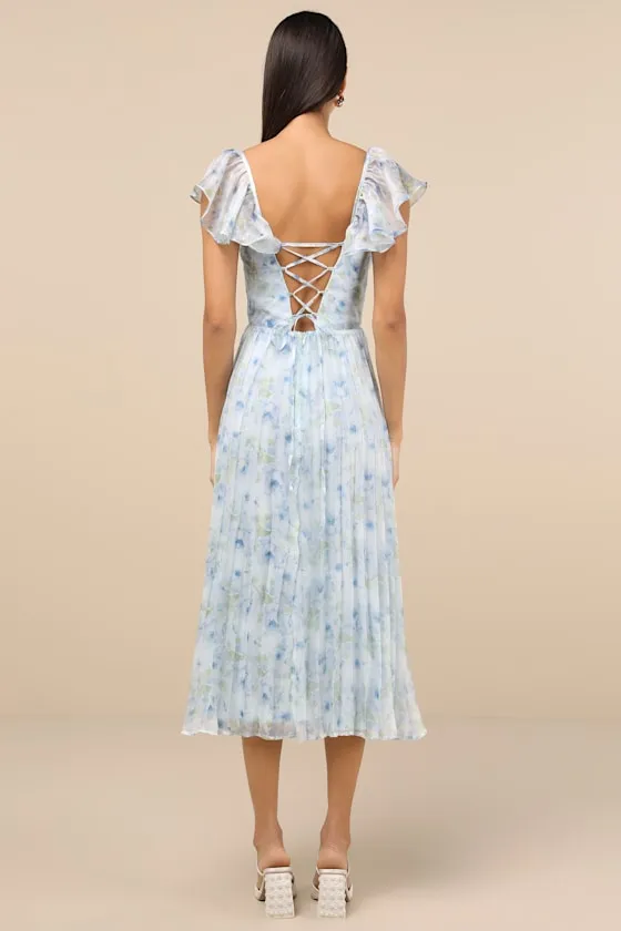Gorgeous Presence Blue Floral Pleated Lace-Up Midi Dress sold by Lulus product image thumbnail 2