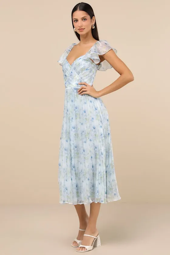 Gorgeous Presence Blue Floral Pleated Lace-Up Midi Dress sold by Lulus product image thumbnail 3