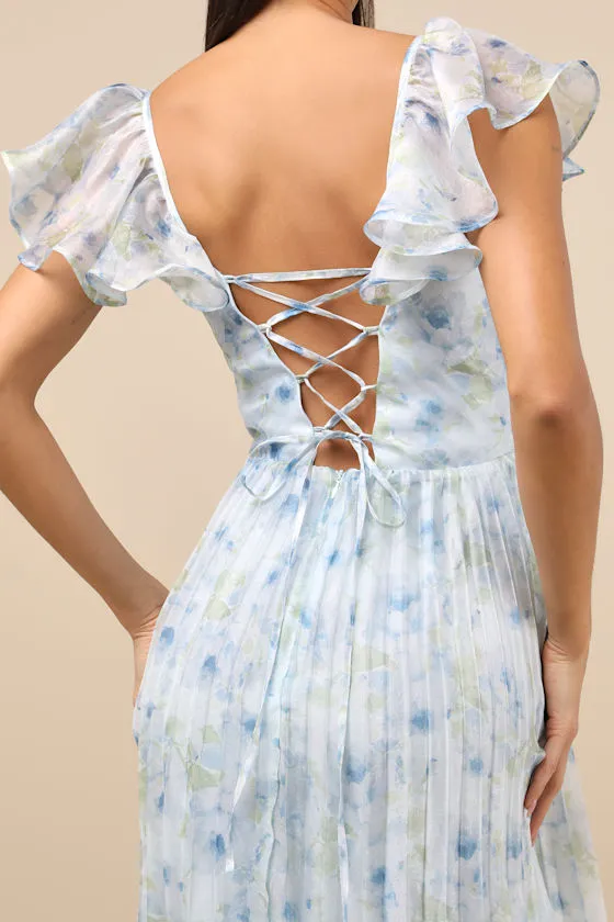 Gorgeous Presence Blue Floral Pleated Lace-Up Midi Dress sold by Lulus product image thumbnail 4