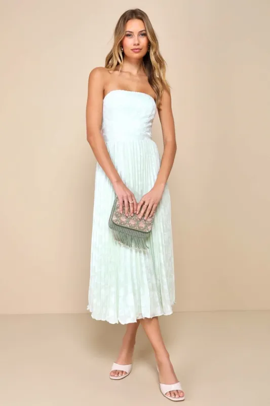 Perfectly Stunning Mint Green Jacquard Strapless Midi Dress sold by Lulus