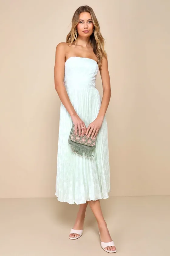 Perfectly Stunning Mint Green Jacquard Strapless Midi Dress sold by Lulus