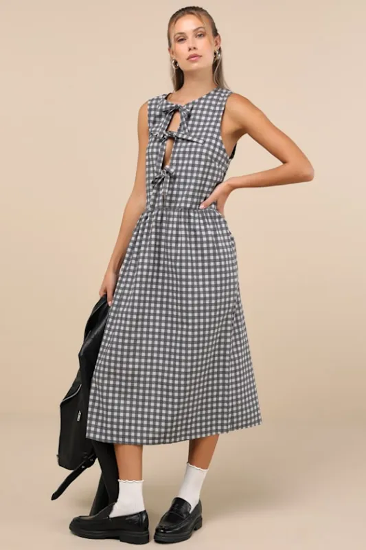 Prelith Black Gingham Tie-Front Midi Dress sold by Lulus