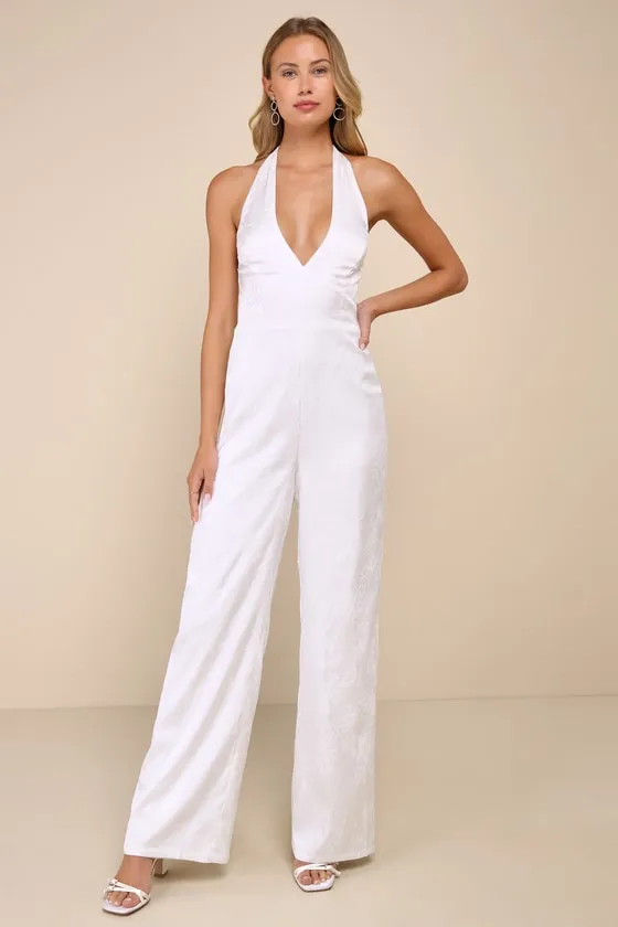 Elegant Aspect Ivory Floral Jacquard Halter Wide-Leg Jumpsuit sold by Lulus