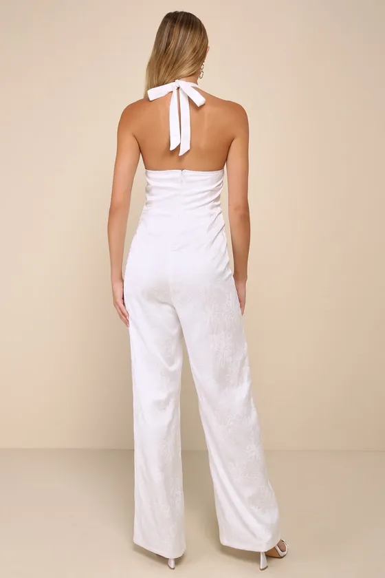 Elegant Aspect Ivory Floral Jacquard Halter Wide-Leg Jumpsuit sold by Lulus product image thumbnail 2