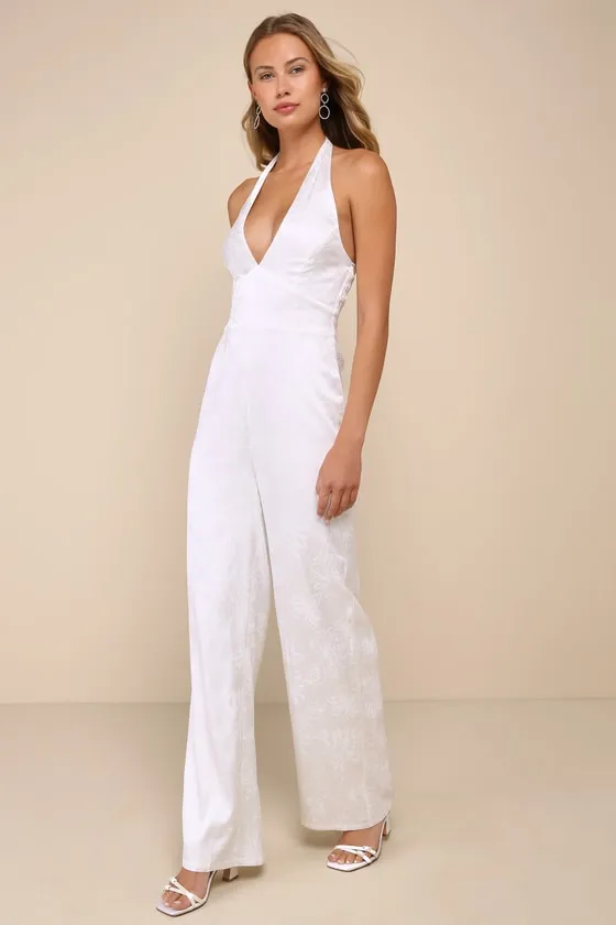 Elegant Aspect Ivory Floral Jacquard Halter Wide-Leg Jumpsuit sold by Lulus product image thumbnail 4