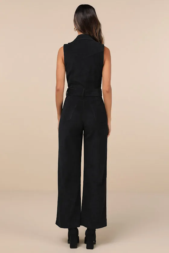 Energetic Appeal Black Corduroy Sleeveless Belted Jumpsuit sold by Lulus product image thumbnail 2