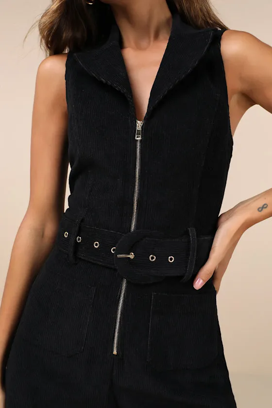 Energetic Appeal Black Corduroy Sleeveless Belted Jumpsuit sold by Lulus product image thumbnail 3