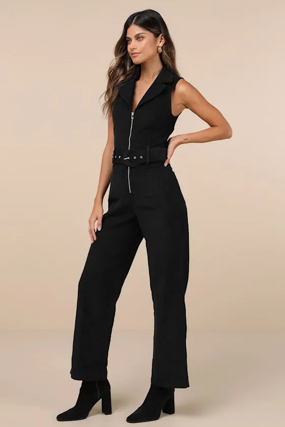 Energetic Appeal Black Corduroy Sleeveless Belted Jumpsuit sold by Lulus product image thumbnail 4