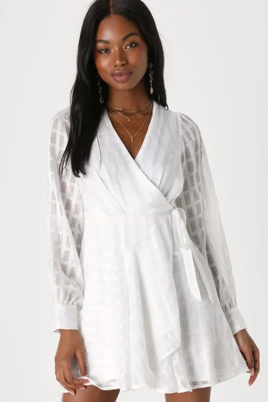 Adorable Impulse White Lurex Burnout Wrap Mini Dress sold by Lulus