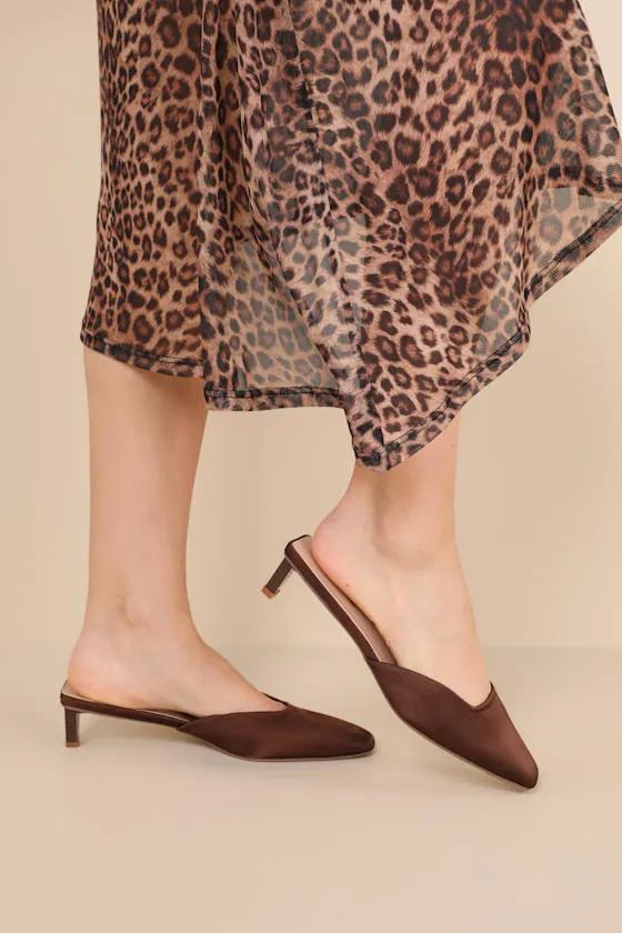 Auroette Chocolate Satin Kitten Heel Mule Pumps sold by Lulus