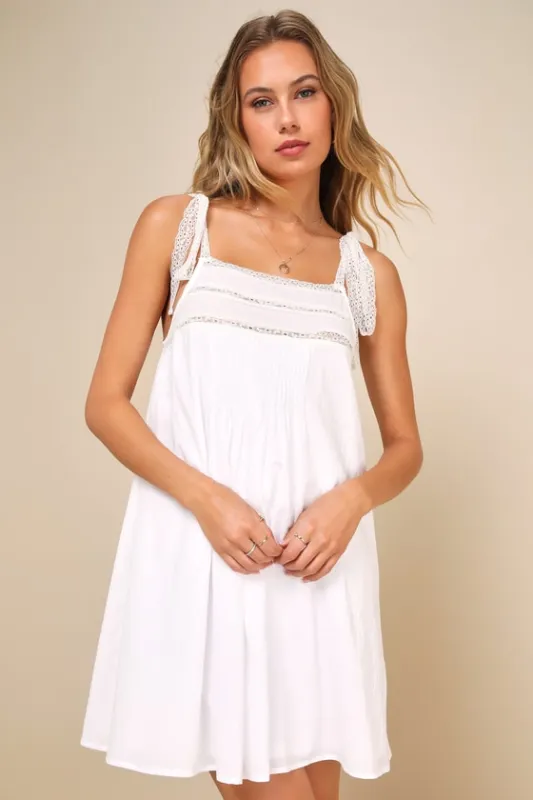 Breezy Beloved White Lace Tie-Strap Shift Mini Dress sold by Lulus