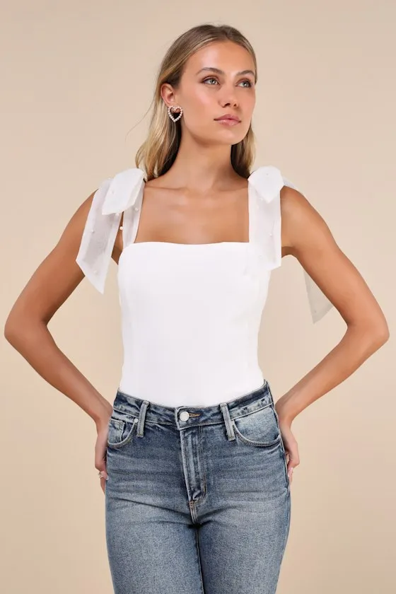 Beaming Perfection White Pearl Organza Tie-Strap Bodysuit sold by Lulus