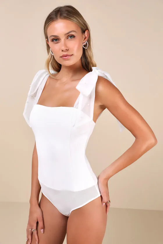 Beaming Perfection White Pearl Organza Tie-Strap Bodysuit sold by Lulus product image thumbnail 3