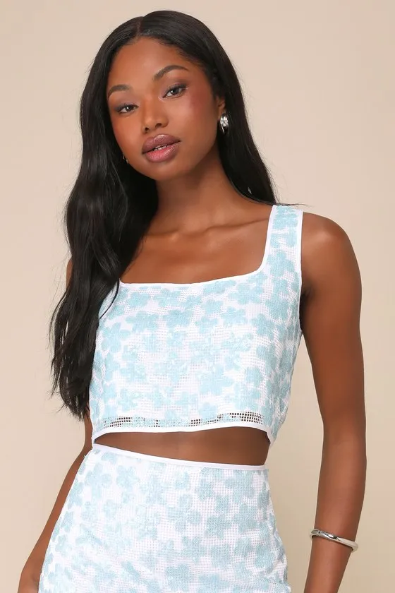 Trendy Sweetheart White and Blue Sequin Floral Cropped Tank Top sold by Lulus