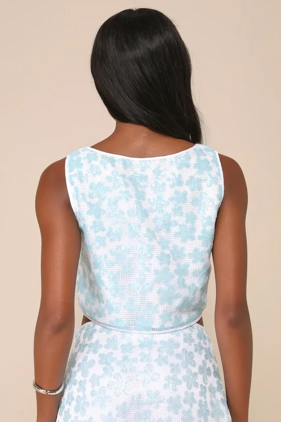 Trendy Sweetheart White and Blue Sequin Floral Cropped Tank Top sold by Lulus product image thumbnail 2