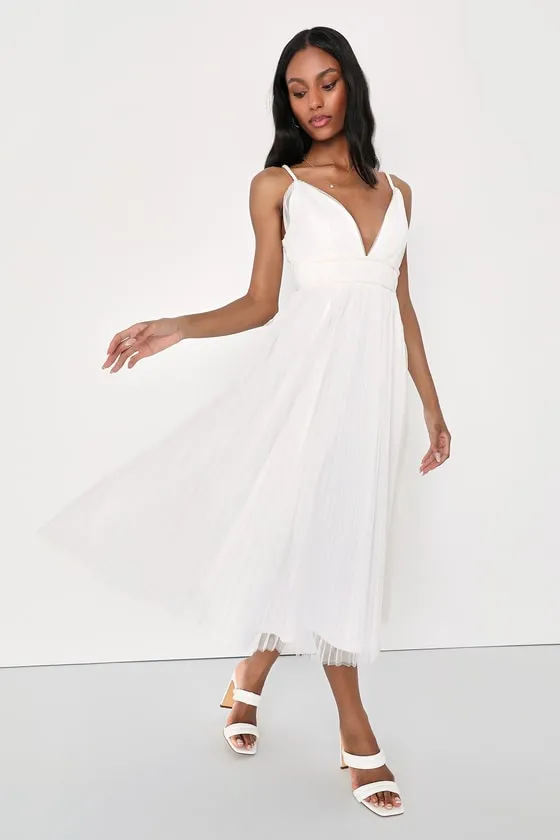 Sweet Goddess White Mesh Pleated Sleeveless Midi Dress sold by Lulus