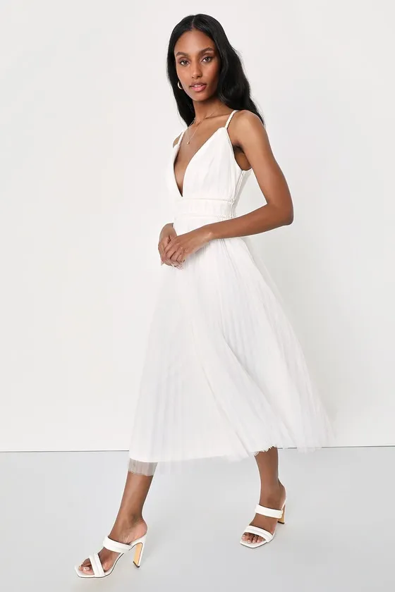 Sweet Goddess White Mesh Pleated Sleeveless Midi Dress sold by Lulus product image thumbnail 2