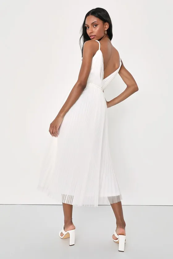Sweet Goddess White Mesh Pleated Sleeveless Midi Dress sold by Lulus product image thumbnail 3