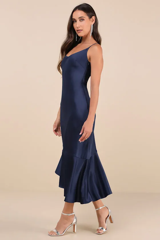 Strictly Romance Navy Satin Asymmetrical Tiered Midi Dress sold by Lulus product image thumbnail 2
